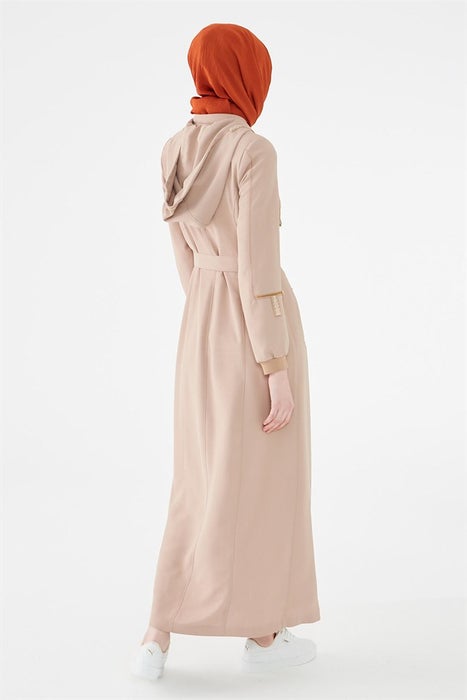 Women's Hooded Stripe Text Detail Beige Topcoat